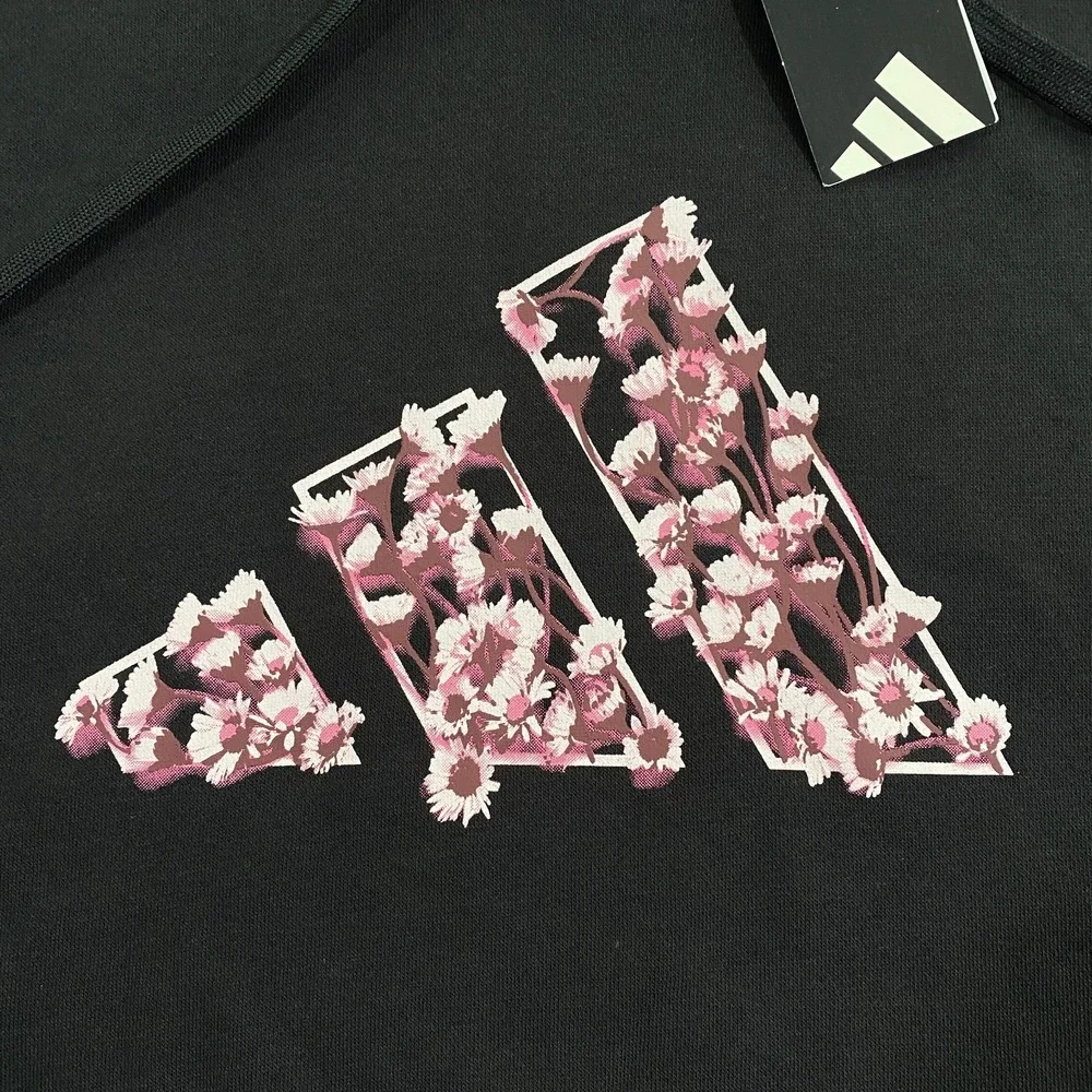 Adidas Trefoil Floral Logo Hoodie Womens M Black Pink  Flowers Pullover Fleece